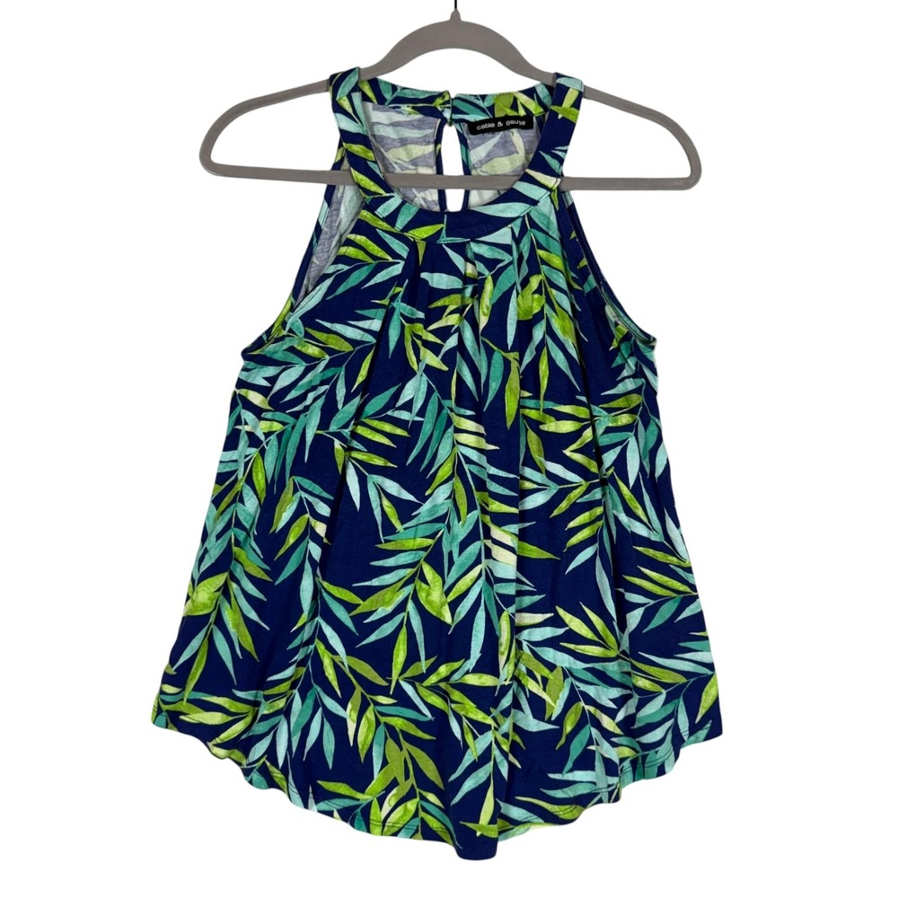 Cable & Gauge Tank Top Womens M Blue Leaf Print Halter Keyhole Tunic Jersey